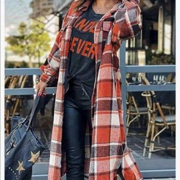 New Plaid Button Down Long Shacket Jacket - Picture 7 of 9